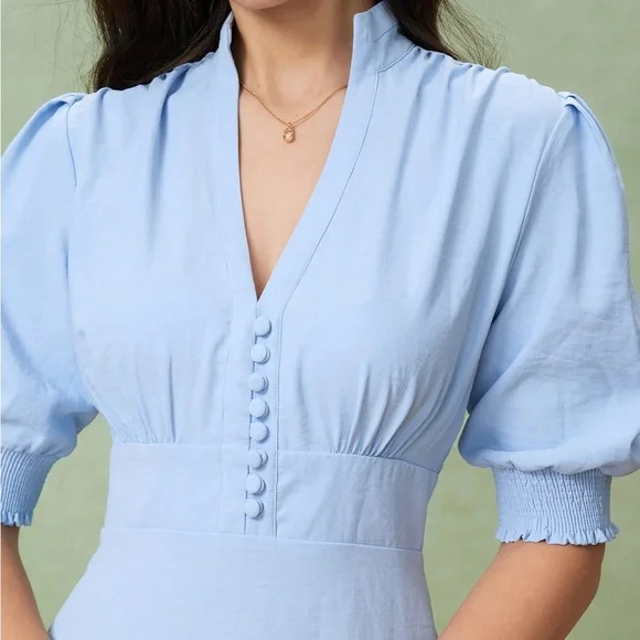 RIHOAS Blue Puffed Sleeve Pleated Midi Dress L - Picture 3 of 4